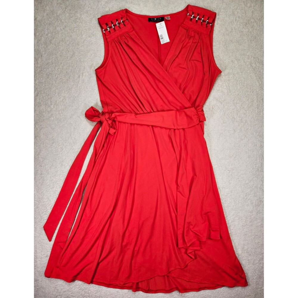 Status by Star Jones Faux Wrap Dress Womens M Sleeveless V Neck Stretch Hardware